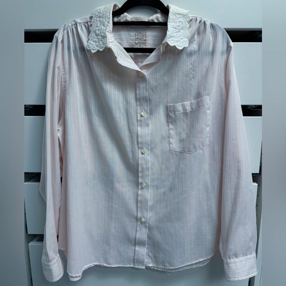 VINTAGE PETER ASHLEY Women’s Embroidered Collar Pinstripe Button Down Shirt Sz44